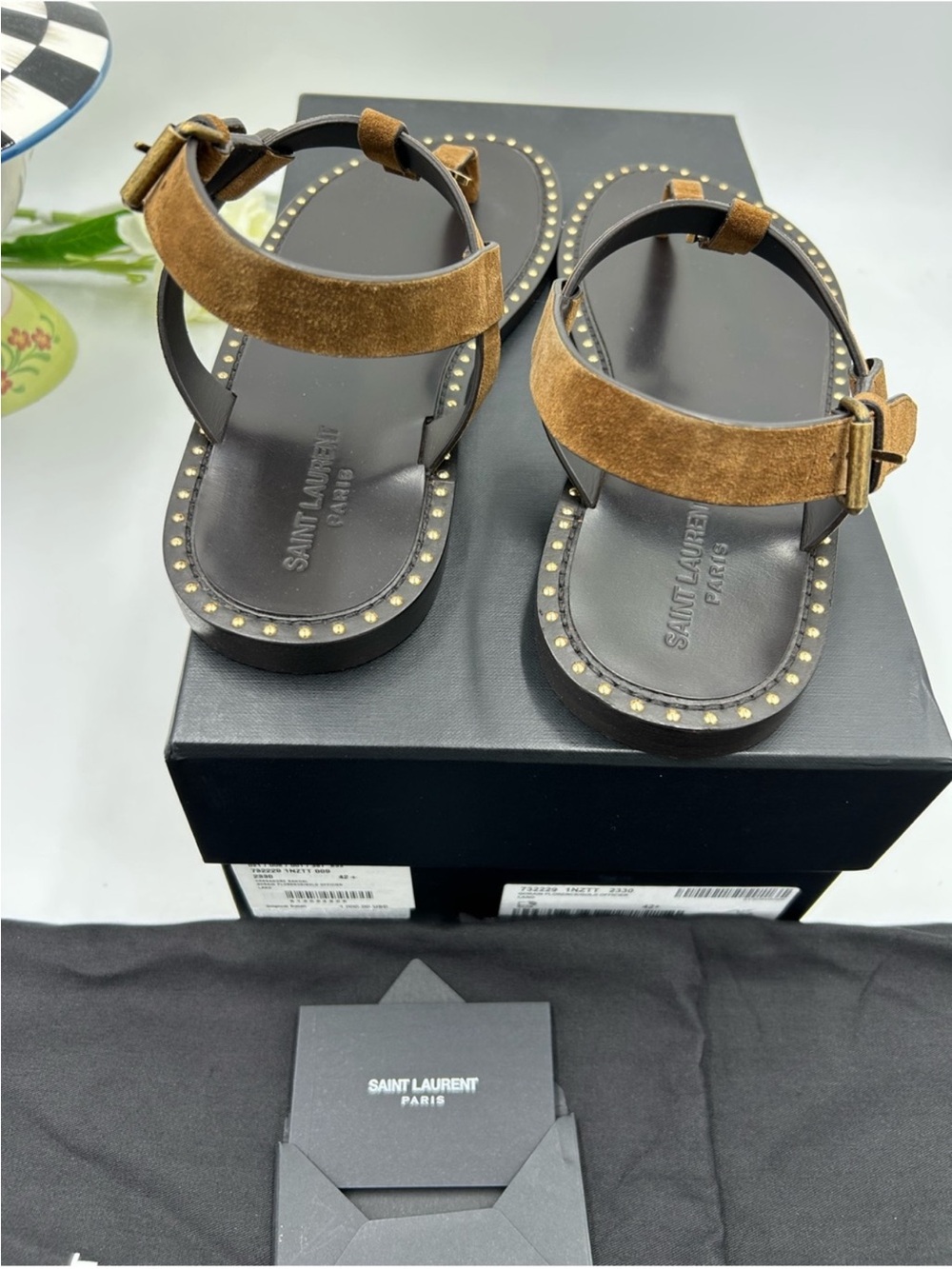 Saint Laurent Brown Suede T-Strap Logo Sandals CASSANDRE. Size 43 - Picture 6 of 7